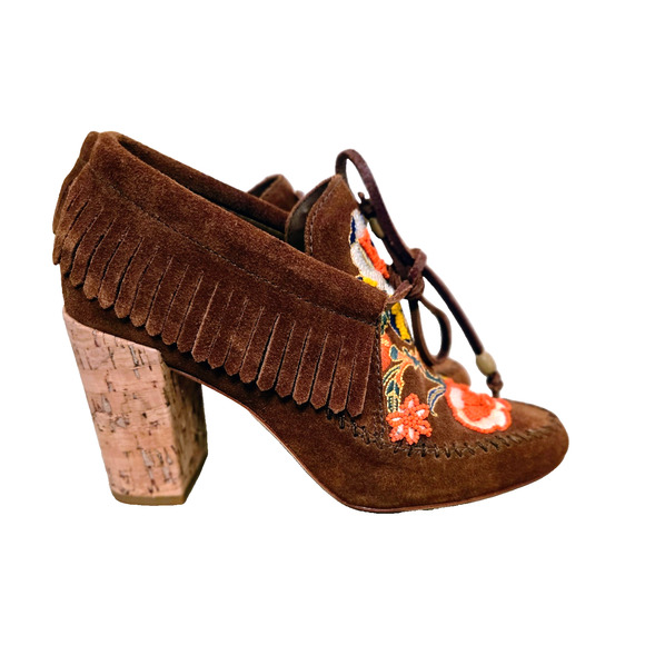 TORY BURCH HUNTINGTON EMBROIDERED FRINGE SUEDE BOOTIE LACE Size 6 - Picture 9 of 15